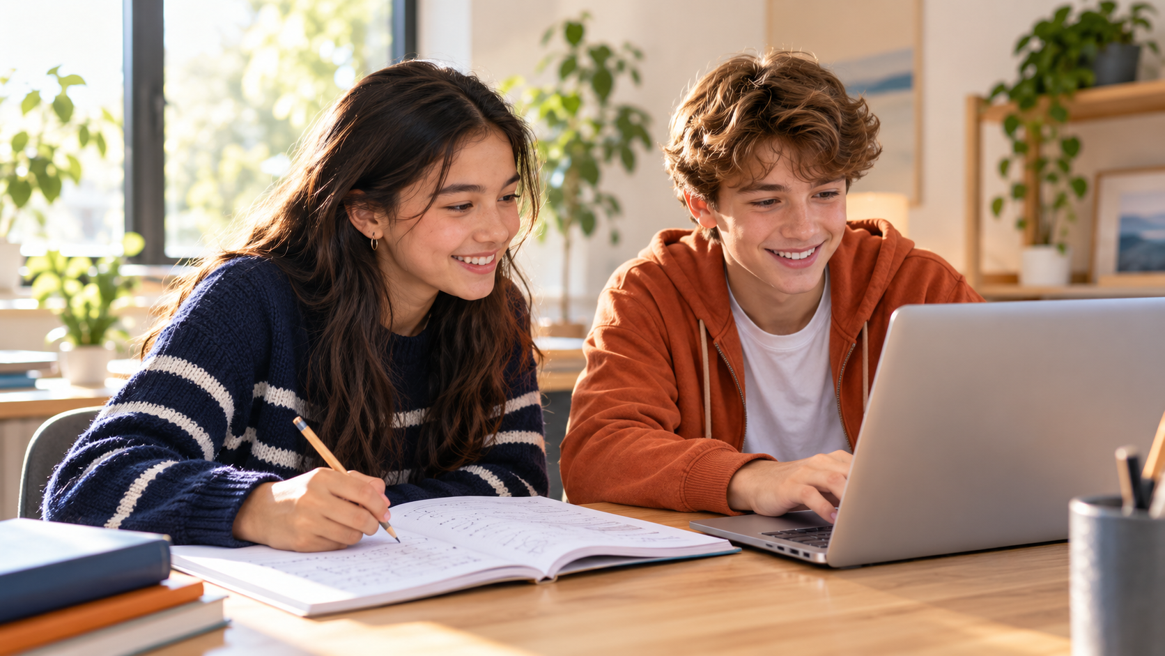 Two school students learning together with a laptop and workbook